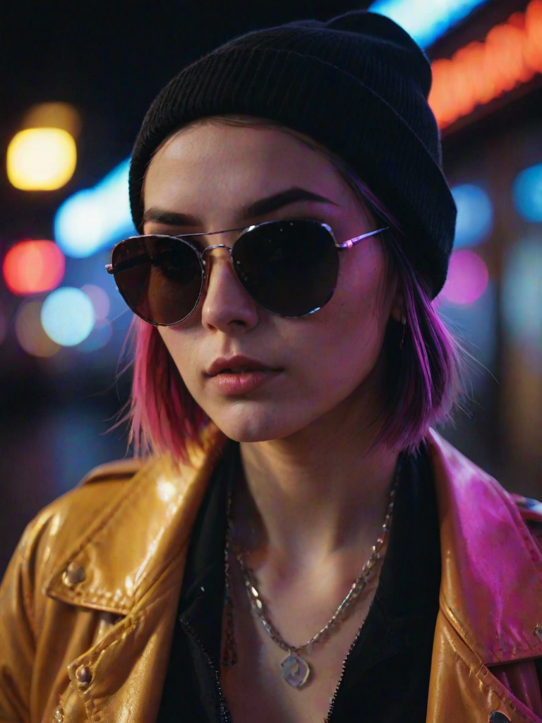 face close up, alternative girl, watching over black sunglasses, jacket, necklace, neon light reflections on skin, ear ring, makeup, skin imperfection, short hair, beanie, neon lights background, low light, depth of field, highly detailed, high contrast, film grain, Rim Lighting, Long Exposure, DSLR