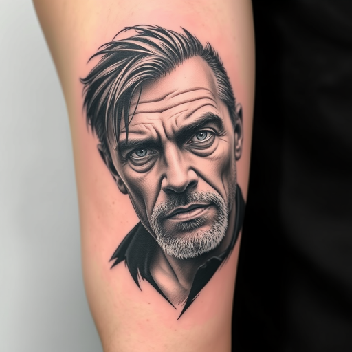 Photorealistic black and gray portrait tattoo on the bicep, capturing every nuance of expression and texture, with masterful shading and contrast to bring the subject to life