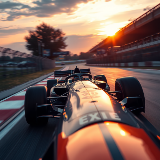 Futuristic Formula 1 racing car speeding on a track at sunset, low-angle close-up view, with motion blur effect, using a DSLR camera with a 50mm lens at f/1.8, ISO 100, shutter speed 1/2000s, and enhanced color saturation for dramatic effect.