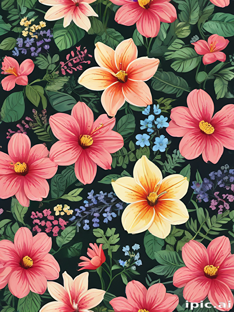Vibrant Floral Pattern Featuring Colorful Flowers Against a Dark Background