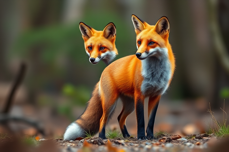 Create a detailed illustration of a fox standing gracefully, vibrant orange fur with white accents, in natural woodland surroundings, captured with a DSLR camera at f/2.8 aperture, 50mm lens for a shallow depth of field, 1/200s shutter speed, and a soft-focus background to enhance image quality.