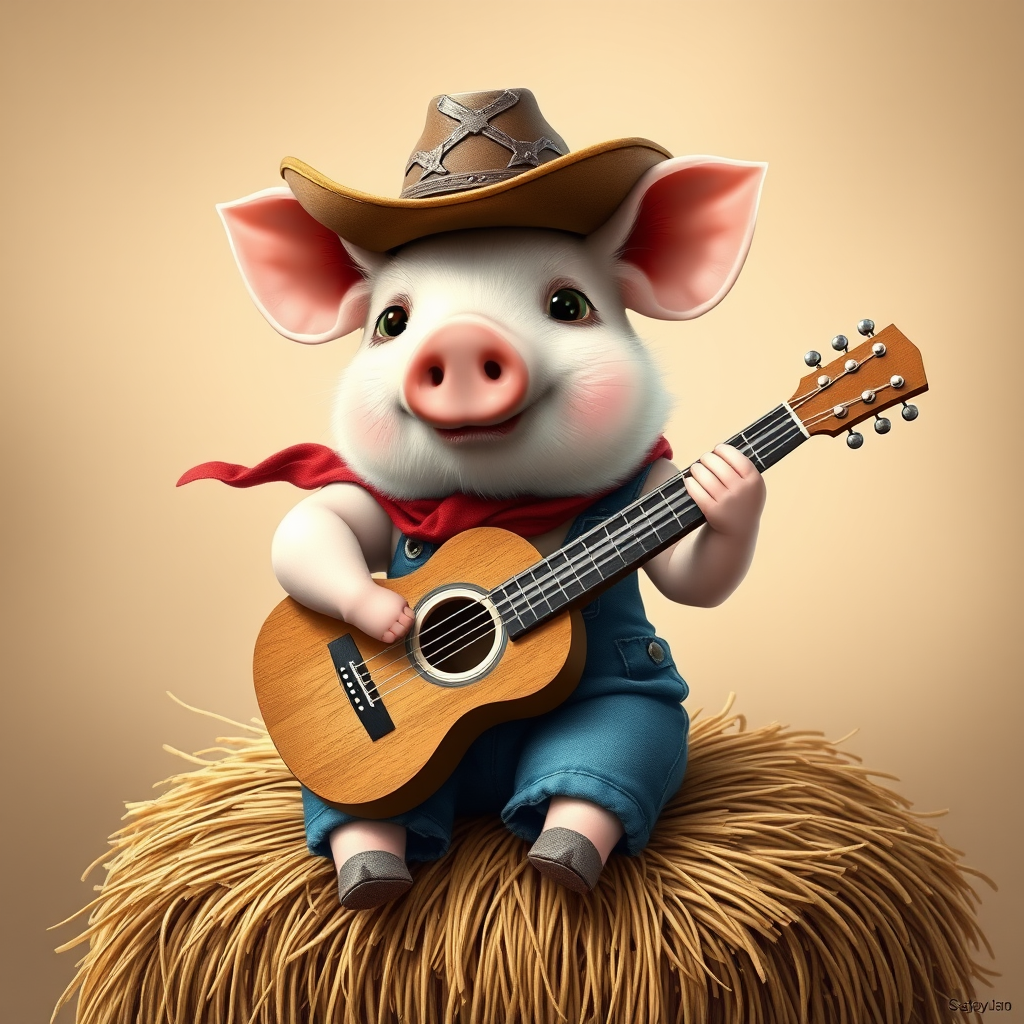 A chibi pig, dressed as a cowboy, playing guitar, sitting on a hay bale