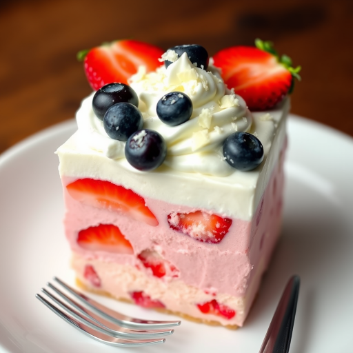 Create an image of a layered dessert with three distinct colors the bottom layer is pink with pieces of strawberries the middle layer is white and the top layer is light blue the dessert is topped with whipped cream and garnished with fresh strawberries blueberries and white chocolate shavings the dessert is presented on a white plate with a fork beside it.