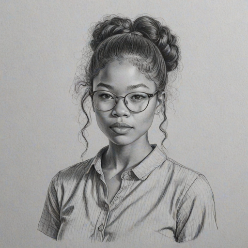 Alluring Storm Reid, pencil sketch, portrait of Charming woman 1977s in glasses, hair style beatnik, outline, clear lines, fine lines, 8k