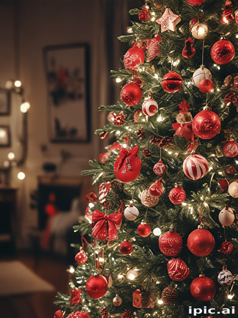 Festively Decorated Christmas Tree Adorned with Red Ornaments and Lights