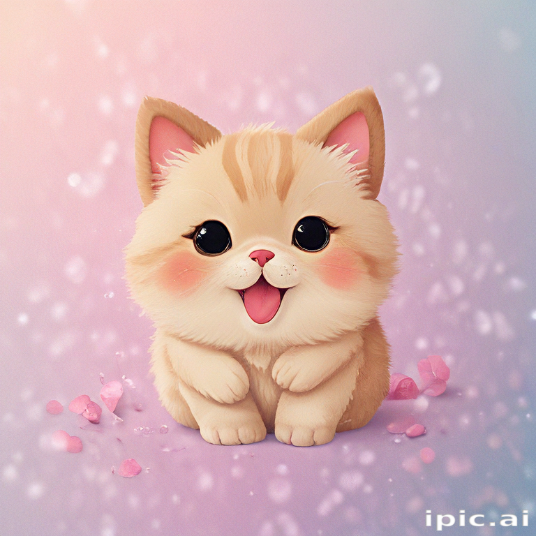 Adorable Cartoon Kitten with Big Eyes and Playful Expression on Soft ...