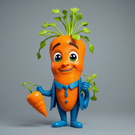 Create a 3D cartoon character of a carrot with leafy greens, wearing a blue suit and holding a smaller carrot, use a 50mm lens, f/1.8 aperture, 1/200 shutter speed, capture from a low angle perspective, soft lighting to enhance the vibrant colors and details.