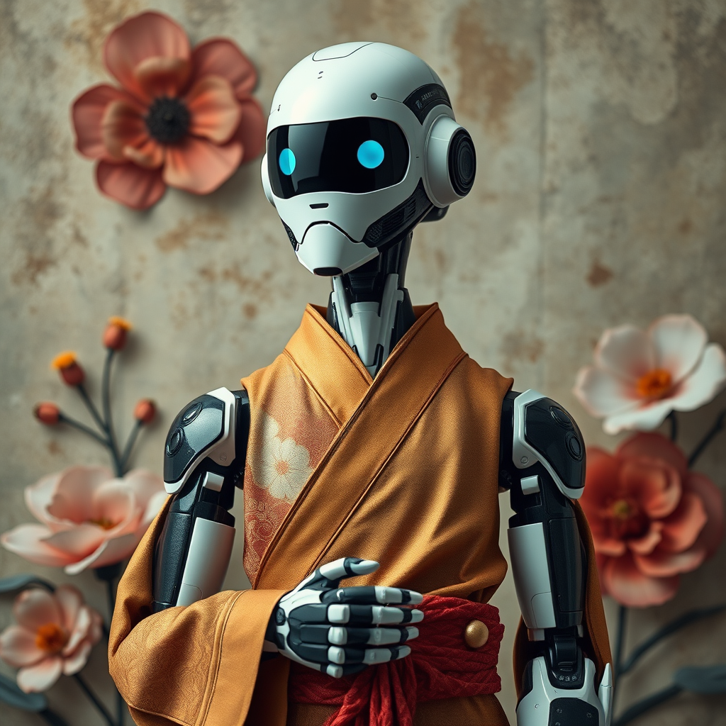 Create an image of a futuristic robot dressed in traditional clothing, set against a textured background with abstract floral elements, using a DSLR camera, 50mm lens, f/1.8 aperture, ISO 100, and a soft focus effect.
