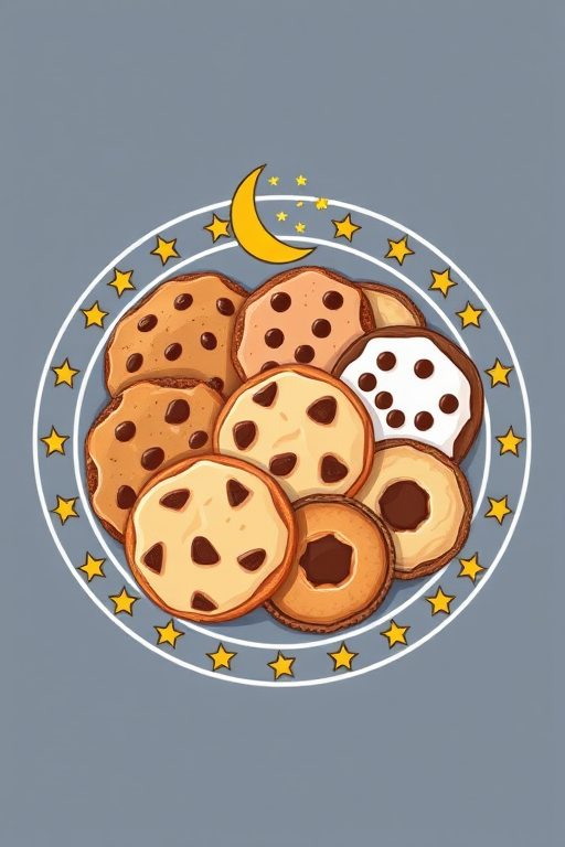 Create a detailed vector illustration of assorted cookies displayed in a circular emblem with a moon and stars, using a DSLR camera with a 50mm lens at f/2.8, ISO 100, and a focus on the texture and details of the cookies, in a soft natural light setting.
