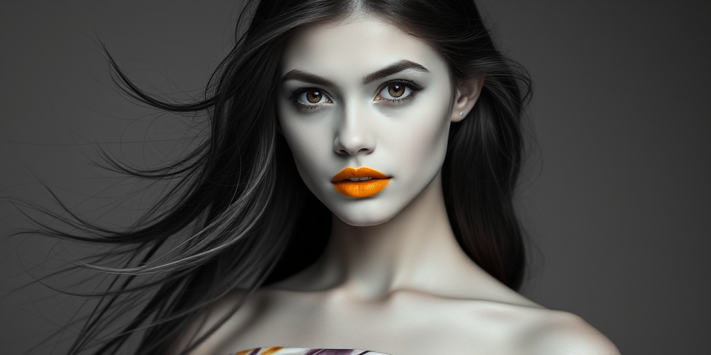 Photographic image of a beautiful young Kazakh woman, brown eyes, lips with Yellow lipstick, long hair fluttering in the wind and wearing a silk strapless dress with a soft purple and orange print. monochrome image with only color highlights in the iris of the eyes, lipstick and dress. Gray background.