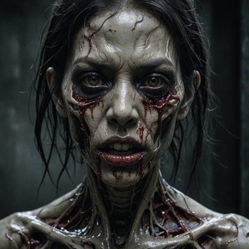 (perspective) of A creepy (ethnicity) zombie cyborg with (descriptive color) skin, (color) lipstick (color) liquid flowing from her eyes and mouth, (perspective two) portrait, (camera angle), extremely detailed, (art style) in the style of Yoshitaka Amano and Tetsuo Hara. --ar 85:128 --style raw --niji 6