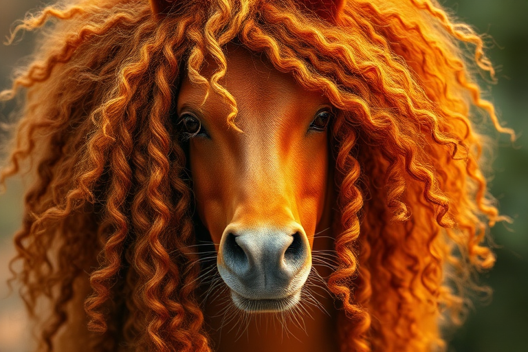 Fiery copper ringlets frame the face in a wild and untamed mane, with streaks of golden sunburst weaving through the curls, embodying the spirit of autumn named Harvest Flame