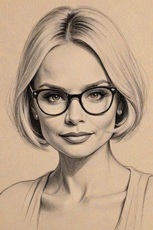 Sublime Kristin Chenoweth, pencil sketch, portrait of Charming woman 1933s in glasses, hair style beatnik, outline, clear lines, fine lines, 8k