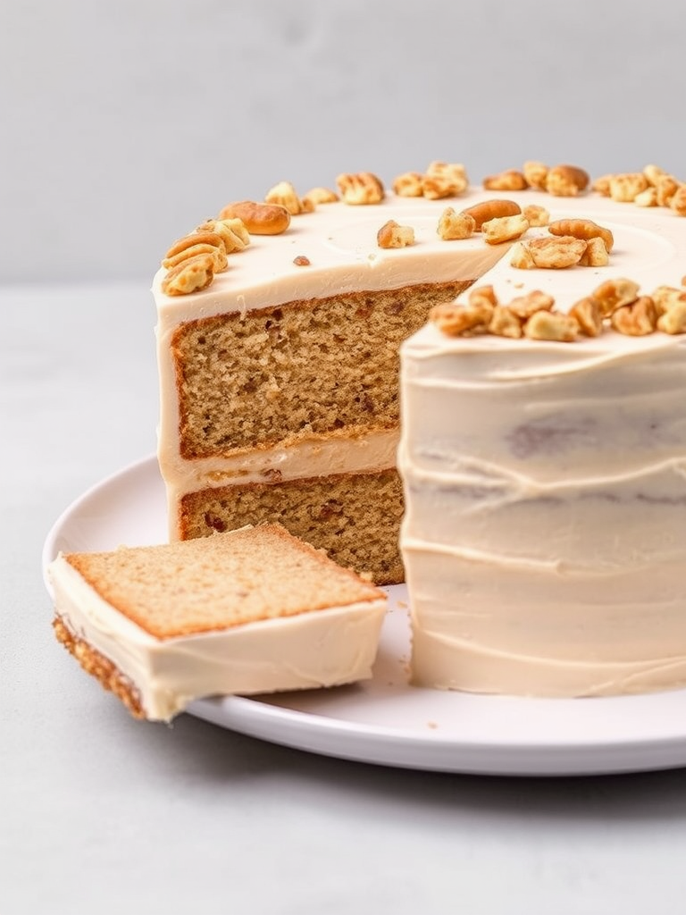 A deliciously layered cake with a light brown sponge and creamy frosting on top garnished with chopped nuts, showcasing a slice cut out to reveal the fluffy interior, served on a simple white plate against a soft gray background.