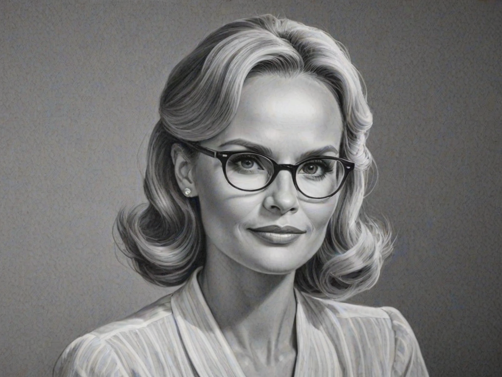 Magnificent Kristin Chenoweth, pencil sketch, portrait of Resplendent woman 1941s in glasses, hair style beatnik, outline, clear lines, fine lines, 8k