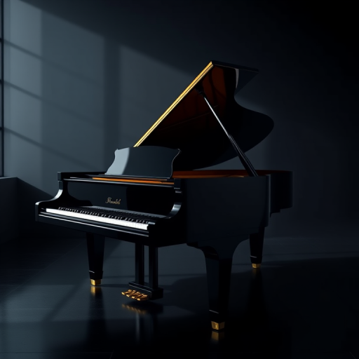 Create a high-resolution image of a grand piano in a minimalistic dark setting, shot with a DSLR camera at 50mm focal length, f/1.8 aperture, ISO 100, with a side view to capture elegant contours and glossy finishes, using soft natural lighting to enhance reflections and details.
