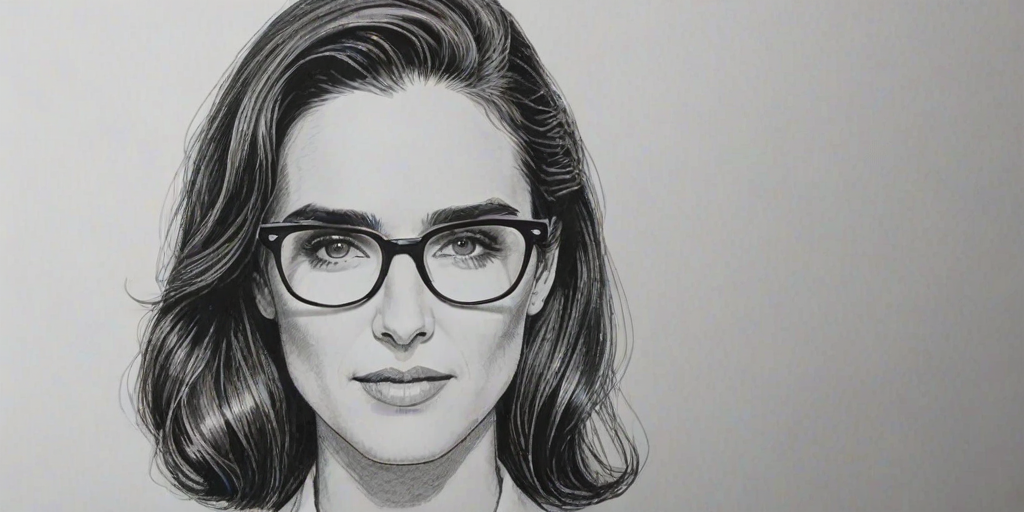 Wonderful Jennifer Connelly, pencil sketch, portrait of Charming woman 1949s in glasses, hair style beatnik, outline, clear lines, fine lines, 8k