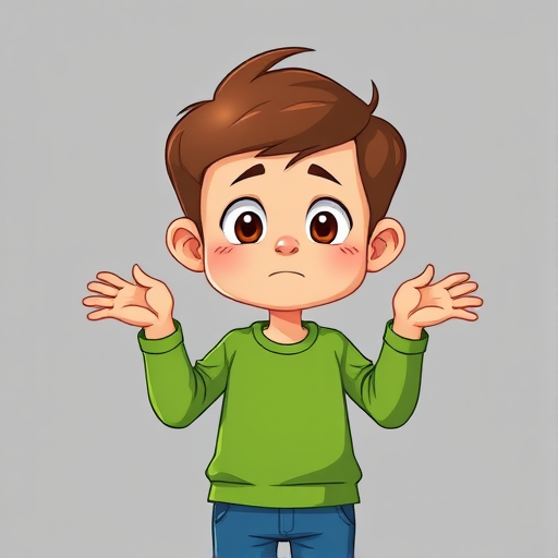 Generate a colorful cartoon illustration of a confused young boy with short brown hair, wearing a green long-sleeve shirt and blue pants, with a neutral expression, standing with his hands raised in a shrugging gesture, shot with a digital camera in soft focus at f/4, 50mm lens, capturing a friendly and vibrant tone.
