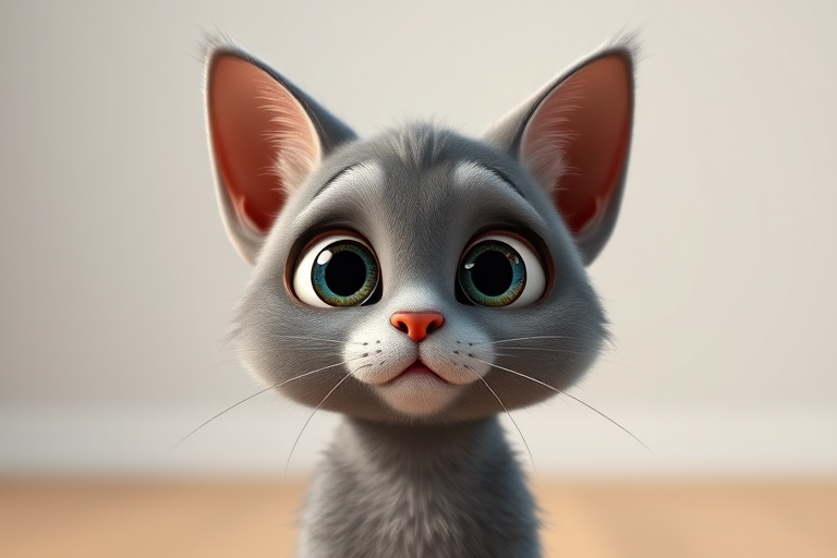 Create a cute animated character of a surprised gray cat with large expressive eyes, in a well-lit studio backdrop, using a DSLR camera with a 50mm lens at f/2.8, ISO 100, and a soft focus effect.
