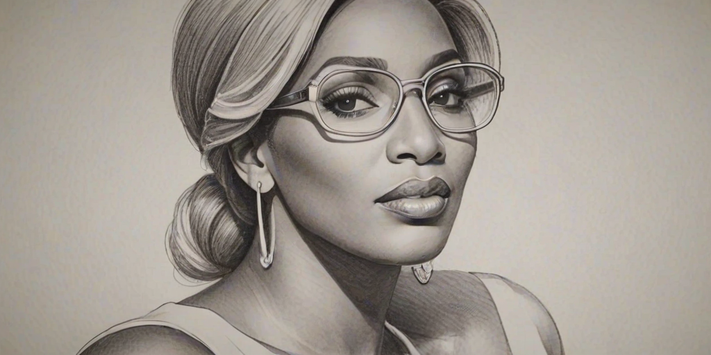 Attractive Nene Leakes, pencil sketch, portrait of Alluring woman 1980s in glasses, hair style beatnik, outline, clear lines, fine lines, 8k