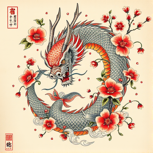 Japanese-inspired irezumi tattoo featuring a fierce dragon entwined with cherry blossoms and koi fish, rendered in bold traditional colors and flowing lines to create a dynamic full-body masterpiece