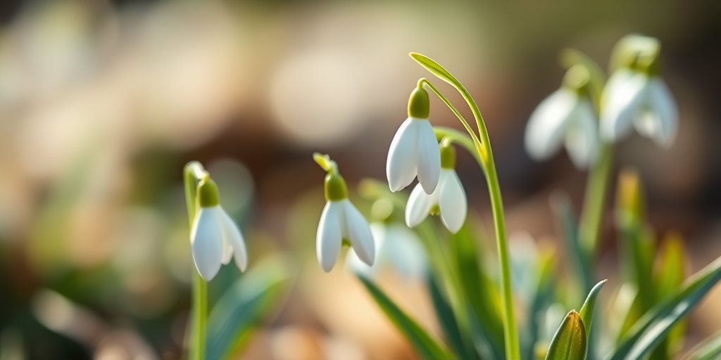 Capture a close-up of snowdrop flowers in soft focus against a blurred background, using a Canon EOS R5, aperture f/2.8, ISO 100, 50mm lens, natural light, shallow depth of field, and a bokeh effect for enhanced image quality.