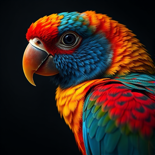 a close-up portrait of a colorful bird with intricate feather patterns and a dark, moody background