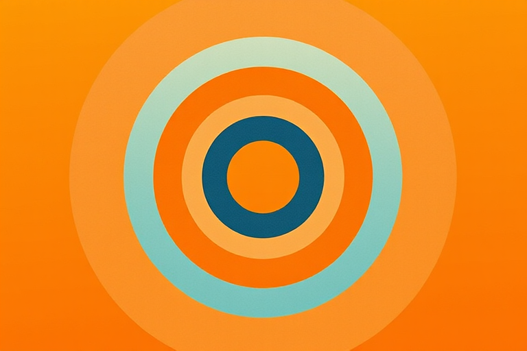 generate a geometric pattern featuring concentric circles in varying shades of orange, peach, and blue on a solid orange background, taken with a DSLR camera at f/8 aperture, 50mm lens, ISO 100, centered view, high dynamic range style