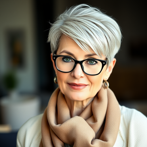 Portrait of a mature woman with short silver hair, styled in an asymmetrical pixie cut with side bangs. She wears black-framed glasses and a beige blouse with a white cardigan over it, as well as a bulky scarf in neutral tones. The woman is indoors with soft lighting and a blur in the background. Her expression is serene and confident, highlighting her elegance and modern style.