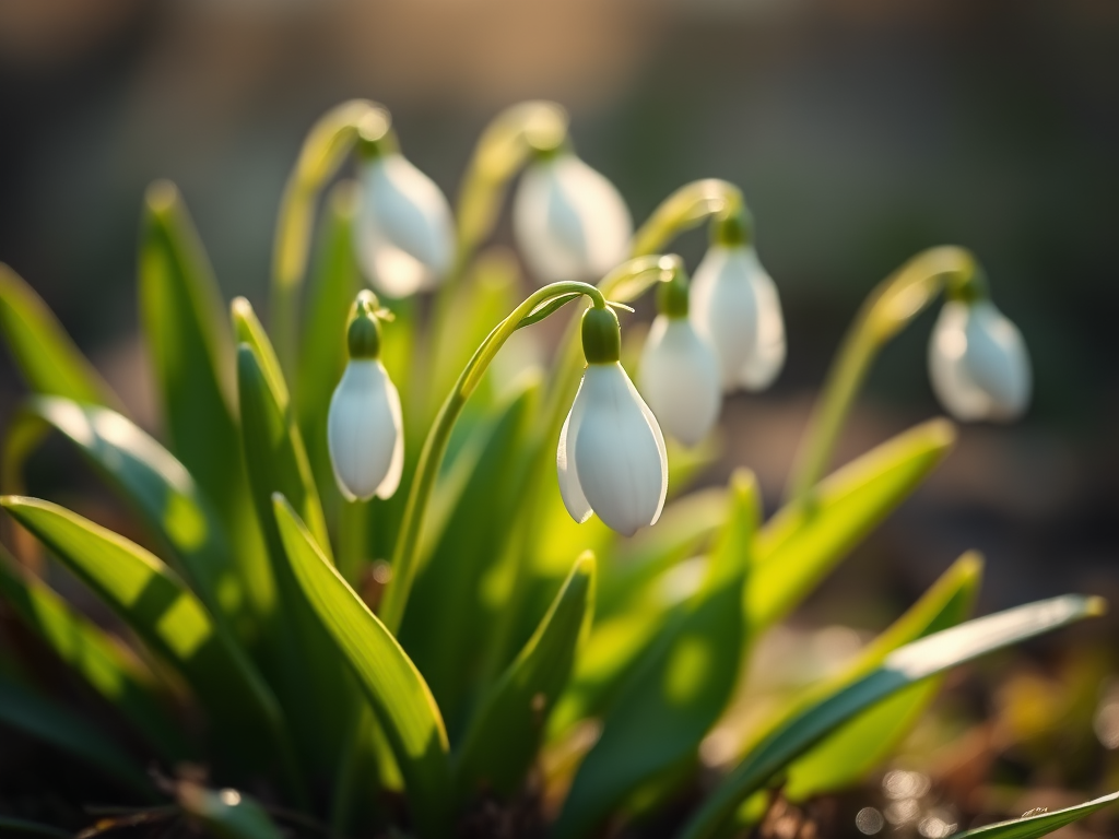 Capture a close-up of snowdrop flowers in early morning light with a shallow depth of field, aperture f/2.8, ISO 100, 50mm lens, natural light photography, DSLR camera, focus on the delicate petals and vibrant green leaves against a softly blurred background.