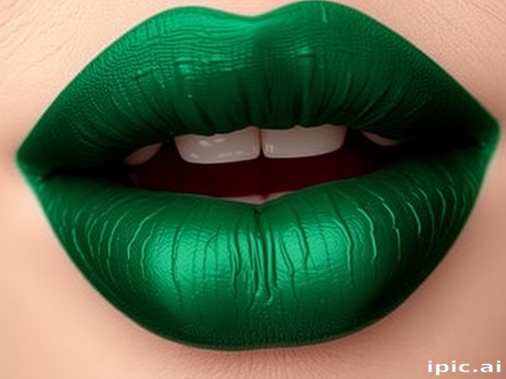 Deep emerald green lips named "Forest Whisper" present a bold and unconventional look with a satin finish, perfect for avant-garde fashion and creative self-expression
