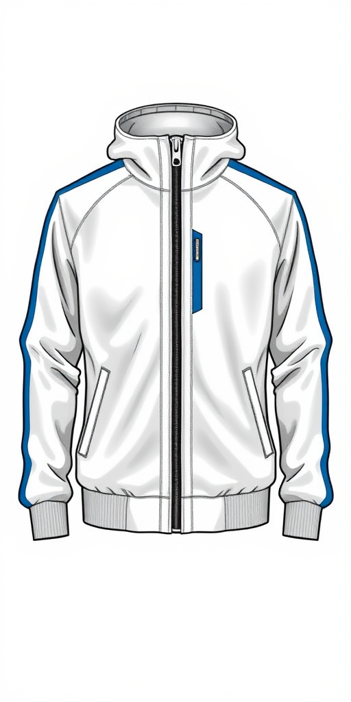 regenerate an illustration of a silver jacket with a blue stripe, featuring a zip-up front, a high collar, and one sleeve extended outward