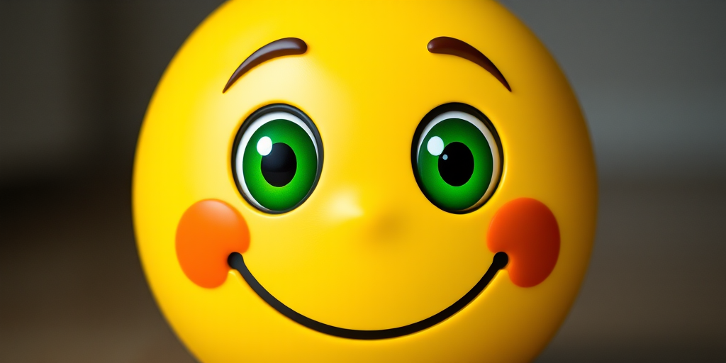 Create a high-resolution image of a smiling yellow emoji with large green eyes, using a DSLR camera at f/2.8 aperture, 50mm lens, and natural lighting for a clear and vibrant look, capturing a front view.