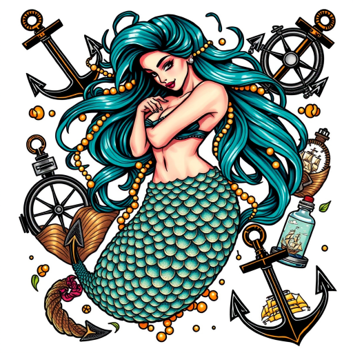 Neo-traditional tattoo titled "Sailor's Lament" portraying a striking mermaid with flowing teal hair intertwined with seaweed and pearls, her scales shimmering in shades of turquoise and gold, surrounded by bold nautical elements like anchors, compasses, and ships in bottles, all rendered in rich, saturated colors with thick black outlines