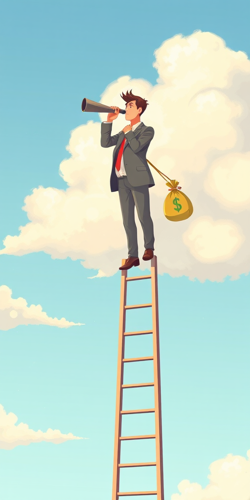 Create an illustration of a businessman standing on a tall ladder looking through a telescope while holding a money bag, set against a clear sky with fluffy clouds, using a high-resolution digital art style, with a simulated DSLR camera view at f/2.8 aperture, ISO 100, and a focal length of 50mm to enhance clarity and depth.