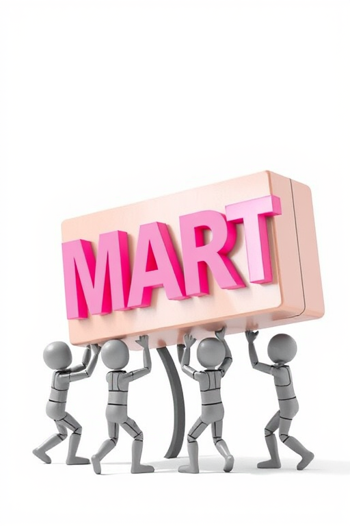Create an illustration of small humanoid figures collaboratively lifting a large 3D block with the word "MART" in bold pink letters, captured with a DSLR camera at f/8, ISO 100, 24mm lens, in high dynamic range with a bright white background for contrast.