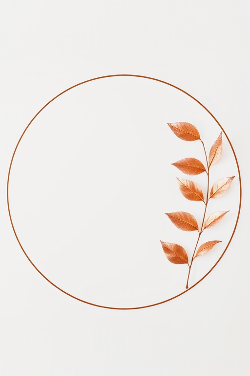regenerate a minimalist circular frame with delicate rose gold leaves accentuating one side, use a high-resolution setting, 50mm lens, f/2.8 aperture, natural light source, DSLR camera, soft focus background
