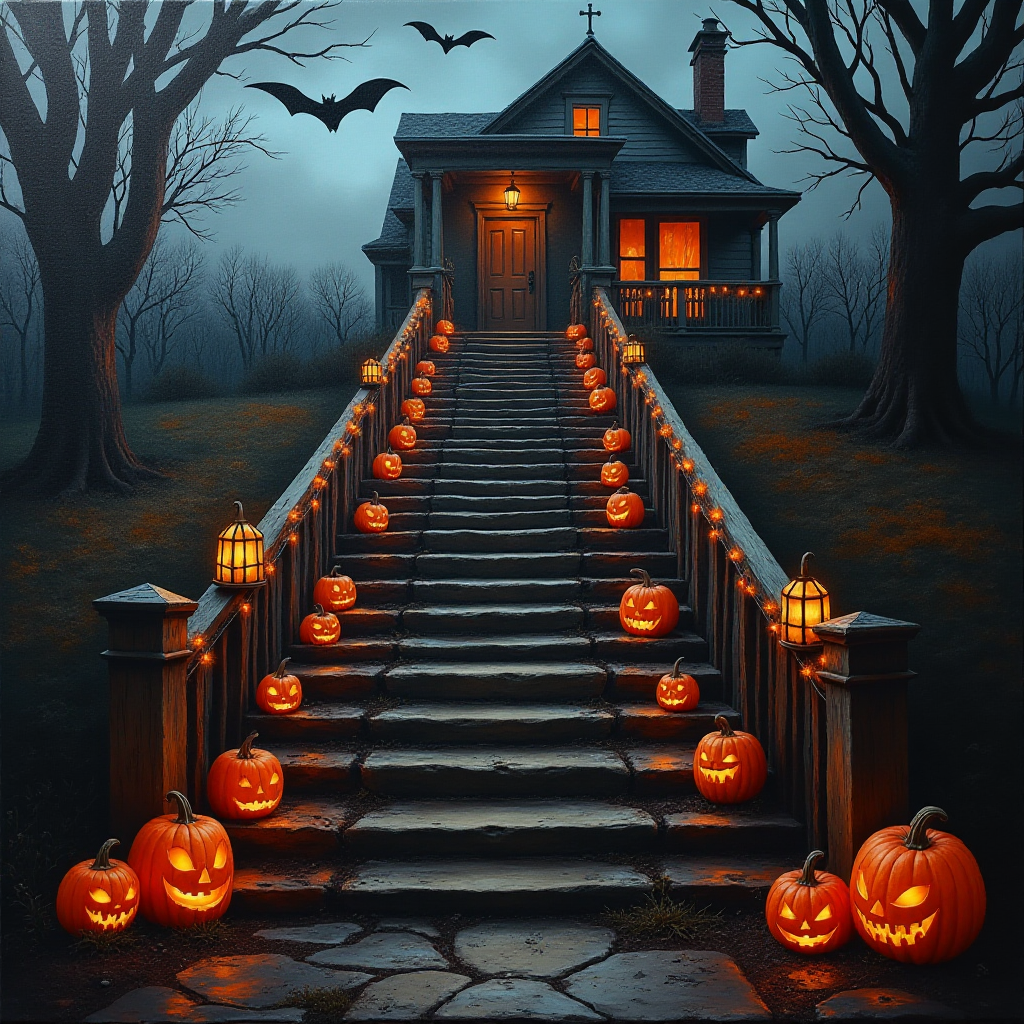 airbrushed oil painting, halloween theme, a haunted house, stairs, highly decorated, illuminated, lanterns, jack o'lantern, bats, webcobs