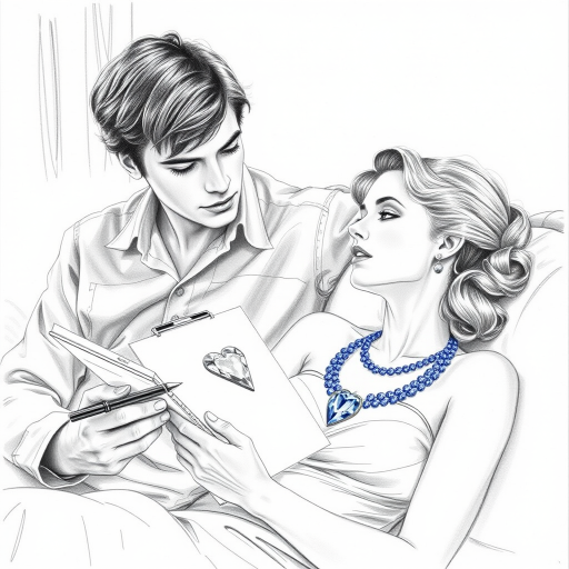 A hyperdetailed photorealistic black and white pencil sketch of the scene from the film Titanic where Jack is sketching Rose's portrait on his art pad as she reclines on the couch, wearing a bright sapphire blue diamond necklace with a heart-shaped diamond. The drawing on his art pad resembles Rose. Both Rose and the drawing of Rose are shown in the same image.