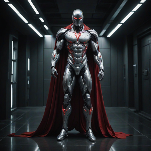 An ultrarealistic photograph of an enormous minimalist futuristic full-body power suit, without lights, made of white metal and polymer, full crystal hull, for a muscular man, imposing, modern minimalism, elegant, dystopia, mysterious, godlike, scary, in a dark room, with a red cape, 8k