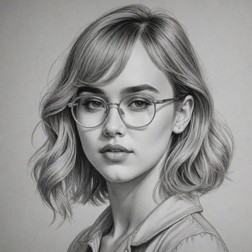 Attractive Suki Waterhouse, pencil sketch, portrait of Attractive woman 1936s in glasses, hair style beatnik, outline, clear lines, fine lines, 8k