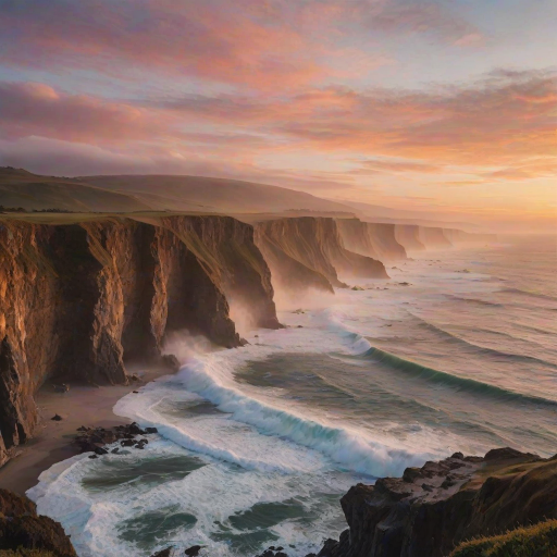 Soft-focus image of a dramatic coastal landscape with waves crashing against cliffs, soft mist rising from the sea, and a colorful sunset painting the sky in the background.
