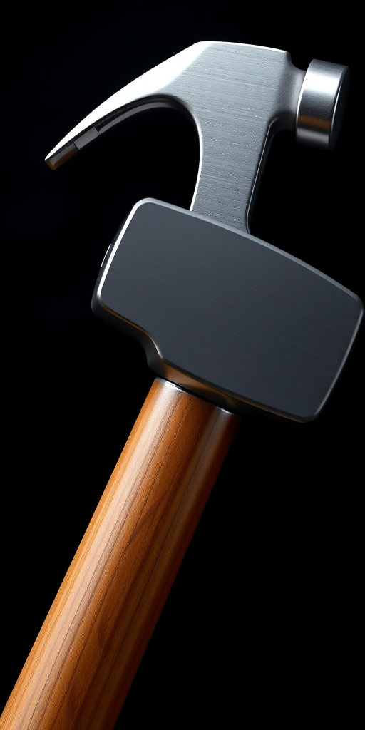 Generate an illustration of a hammer with a sleek metallic head and a polished wooden handle, captured with a DSLR camera at f/8, ISO 100, 1/200 sec, with a shallow depth of field, overhead view, realistic style.