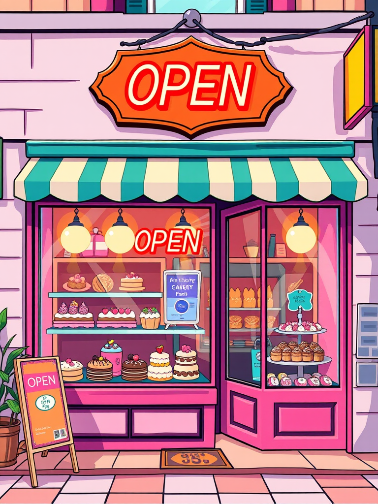 Generate a colorful illustration of a bakery storefront with an "OPEN" sign, showcasing various cakes and pastries in the window, using a vibrant color palette, captured with a wide-angle lens at f/8 aperture, ISO 200, and 24mm focal length for enhanced clarity and detail.