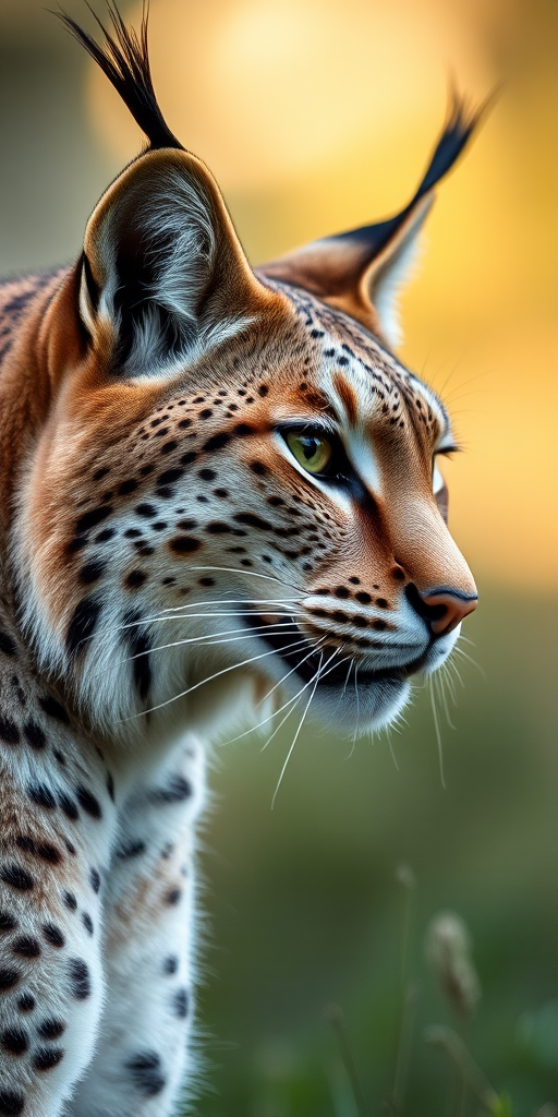 Lynx in a natural setting, captured with a Canon EOS 5D Mark IV, 85mm lens, aperture f/2.8, ISO 200, shutter speed 1/250s, shallow depth of field, soft bokeh background, side profile view highlighting facial details.