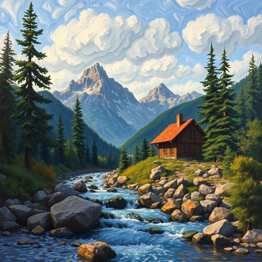 This Van Gogh-inspired painting depicts a peaceful scene of a small cabin located near a flowing river. The scene is surrounded by lush vegetation, including tall trees and rocky terrain. In the background, majestic mountains rise under a sky filled with rolling clouds. The river gently cascades over the rocks, adding a sense of movement and tranquility to the scene. The use of vibrant colors and detailed brushstrokes create a sense of depth and harmony in the natural setting.