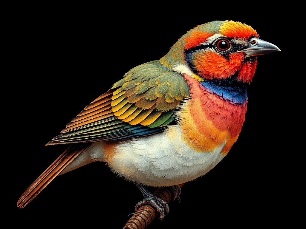 A detailed vintage illustration of a colorful bird with intricate feather patterns, captured in natural light, using a macro lens at f/2.8, ISO 200, 1/250s shutter speed, against a plain black background.