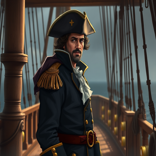 Create an illustration of a figure in 18th-century naval attire standing on a ship's deck, using a DSLR camera with a 50mm lens, f/1.8 aperture, ISO 100, capturing a portrait view with dramatic lighting to enhance details and textures.
