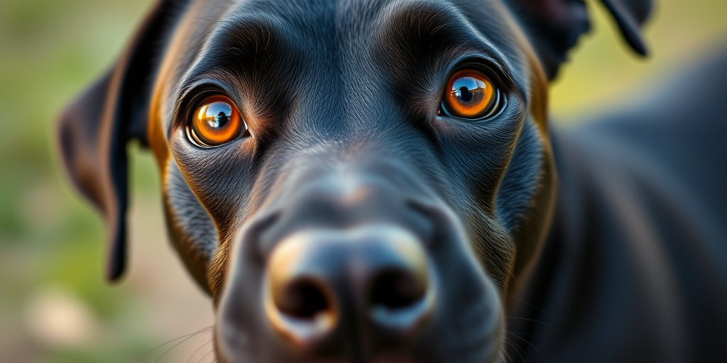 Close-up shot of a black dog with expressive orange eyes, shallow depth of field, f/2.8 aperture, 50mm lens, ISO 200, natural light, DSLR camera, focus on the dog's nose and eyes.
