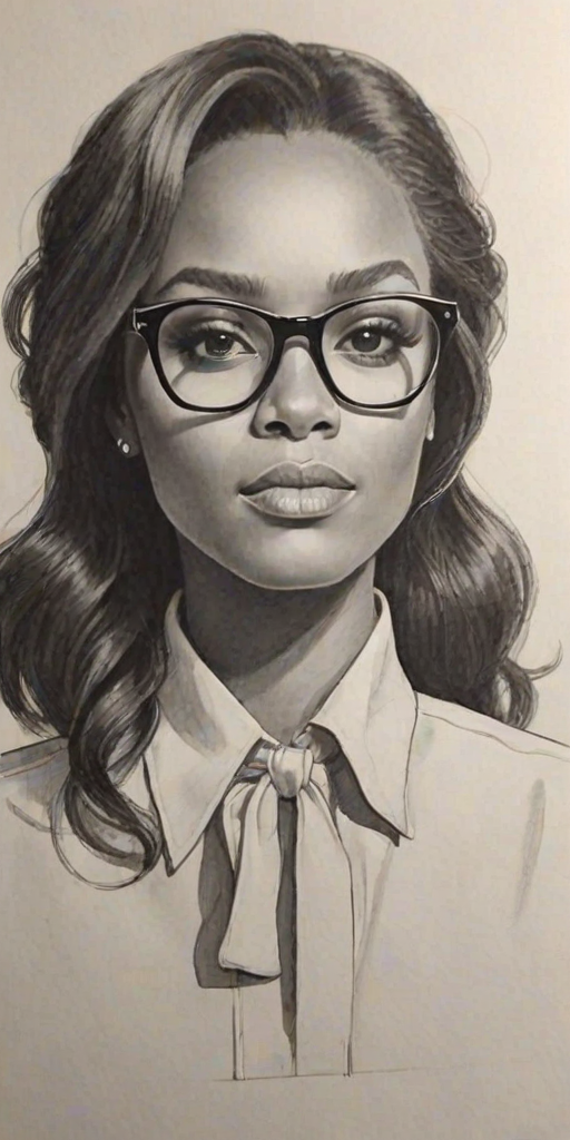 Wonderful Janelle Mon'e, pencil sketch, portrait of Fascinating woman 1973s in glasses, hair style beatnik, outline, clear lines, fine lines, 8k